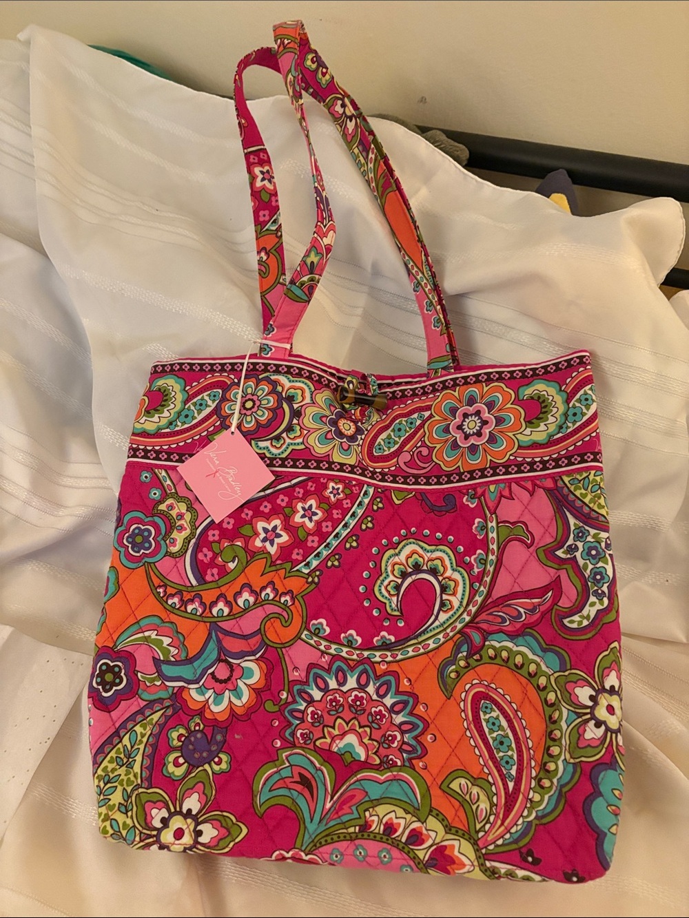 Vera Bradley Hot Pink Paisley Quilted Tote with Orange & Green Accents